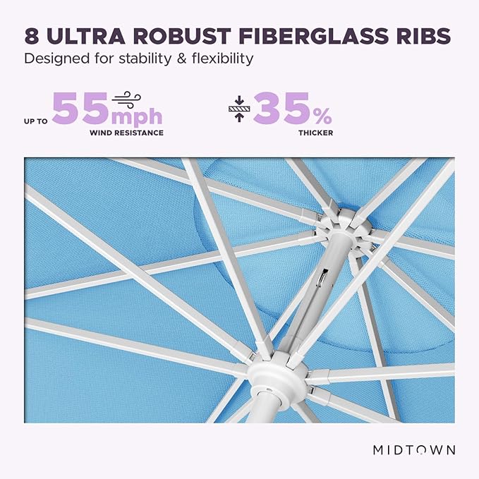 Midtown Umbrellas The Swilt 8 Feet Patio Umbrella in Sunbrella Capri Acrylic Fabric - Fiberglass Ribs, Auto-Tilt Aluminum Frame For Backyard, Deck, Garden, Pool - White Pole