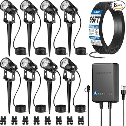 SUNVIE All-In-One LED Landscape Lighting Kit, 8-Pack Low Voltage Landscape Lights with Transformer and 65FT UL-Listed Wire, 3000K Waterproof Outdoor Uplights with Connectors for Yard House Garden Tree