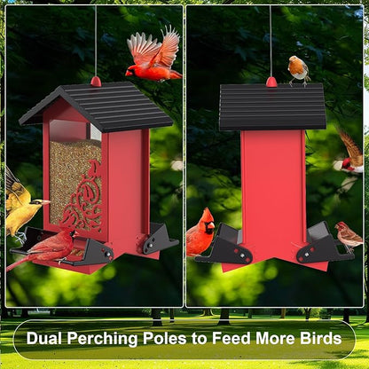 Squirrel Proof Bird Feeder for Outdoor Hanging,Metal Bird Seed Feeder with Bilateral Weight Activated Perches,5LB Large Capacity Wild Bird Feeders for Outside,Easy Refill and Clean,Red
