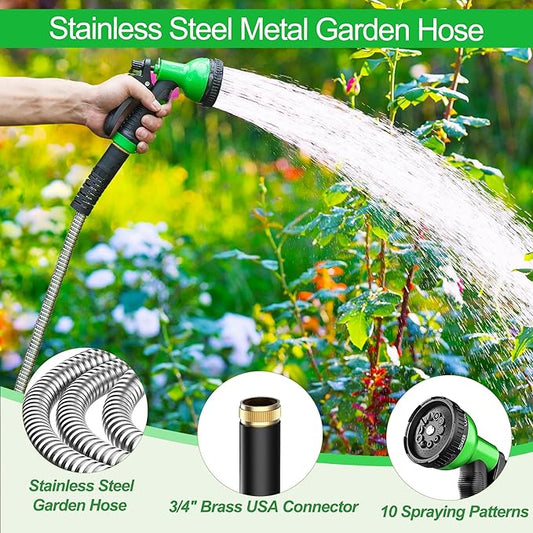 Metal Garden Hose 100ft, Stainless Steel Water Hose Leak-Proof w/10 Function Sprayer Nozzle, 5/8" Fittings Flexible Garden Hose, Long-Lasting, Lightweight, No-Kink Water Hose, for Yard,Lawn