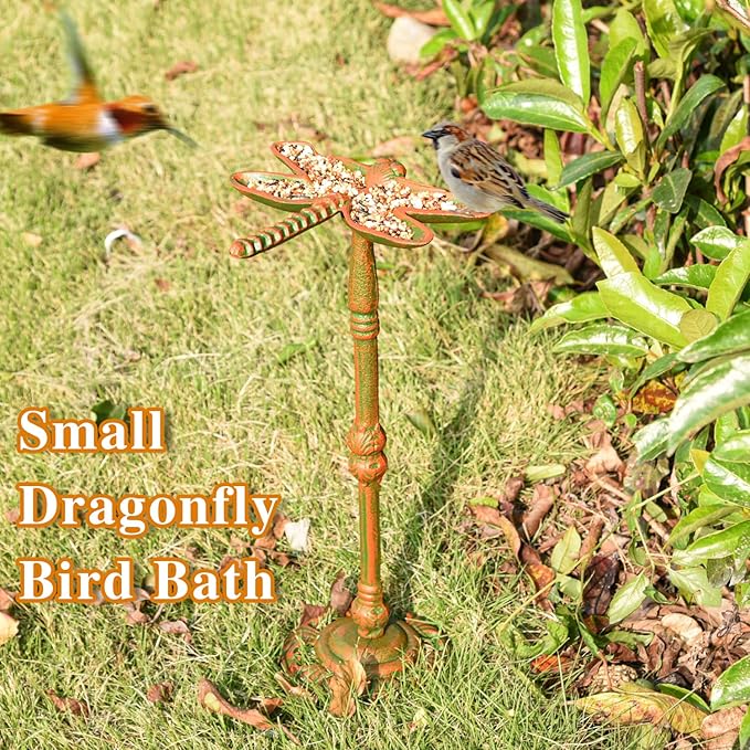 Sungmor Heavy Duty Cast Iron Small Bird Bath for Garden - Wild Bird Water Bath Food Holder - Outdoor Yard Standing Feeder with Vintage Special Color & Lovely Dragonfly Shape - Great Garden Ornament
