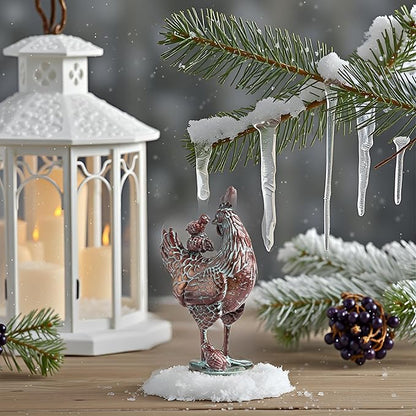 Metal Hen with Chicks Statues Yard Art, 13.5"x18" Metal Hen Chicken Figurine Decor, Vintage Outdoor Garden Statue Sculpture, Lifelike Garden Mother Hen & Baby Chick Sculptures for Chicken Lovers