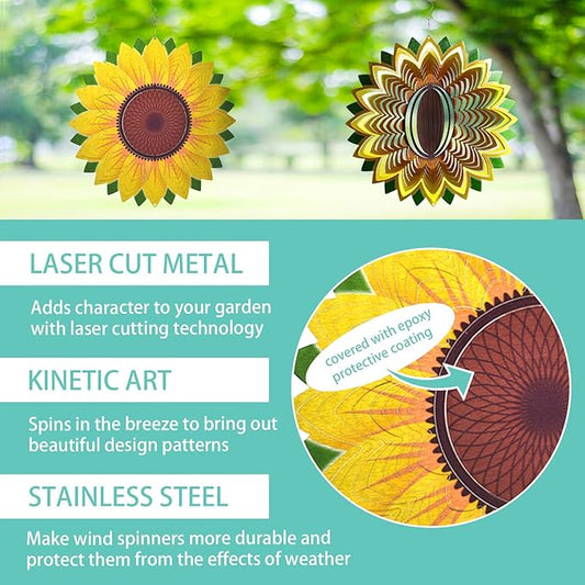 Wind Spinner Yard Art Garden Decor 3D Stainless Steel Metal Sculptures Sunflower Kinetic Hanging Whirligigs Decorations Backyard Outside Indoor Outdoor Patio Ornaments Clearance Sun Catcher Windmill