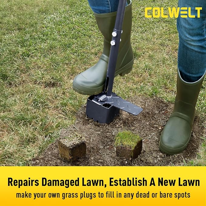 Colwelt Sod Plugger Tool 36-INCH, Grass Plug Tool 3 x 3 Square with Serrated Base, Long Handle Bulb Planter Tool with Dual Pedals & Easy Foot Ejector, Sod Turf Cutter for Lawn Planting Grass Repair