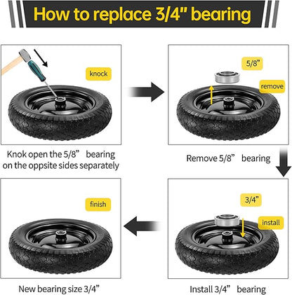 2PC 4.80/4.00-8 Flat Free Tire, 14.5 Wheelbarrow Tire and Wheel with 5/8" Bearings & Extra 3/4", 3-7" Centered Hub, 4.80/4.00-8 tire and wheel Fit for Gorilla Cart, Garden Cart/Hand Truck