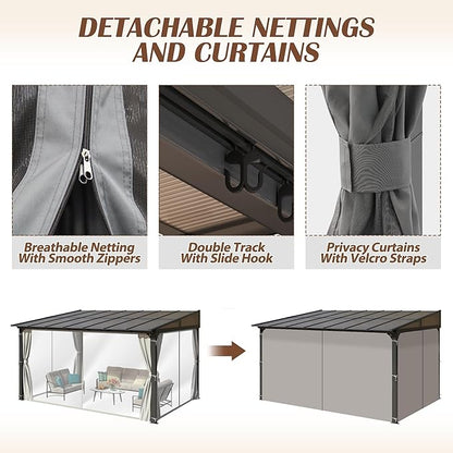 10 x13FT Outdoor Wall-Mounted Hardtop Gazebo, Aluminum Frame Lean to Gazebo with Polycarbonate Roof and Curtains for Patio, Garden, Deck