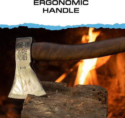 Prandi Axes German C45 Forged Carbon Steel Hatchet - Briar Hickory Handle with Leather String - Ideal for Camping, Travel and Bushcraft - 14" L x 6" W, 600g Polished Head 3.003.06.AH - No Sheath