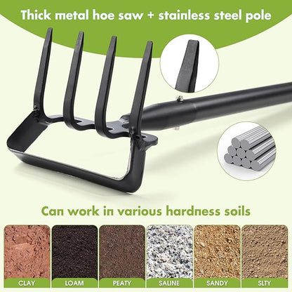 INFLATION Stirrup Hand Hula Hoe Heavy Duty Metal Gardening Weed Puller Tool 4 Tines Prong 2-in-1 Herb Stripper Yard Rake for Women Kids Men Garden Grandpas Weeder 32-62 inch Long Adjustable Handle