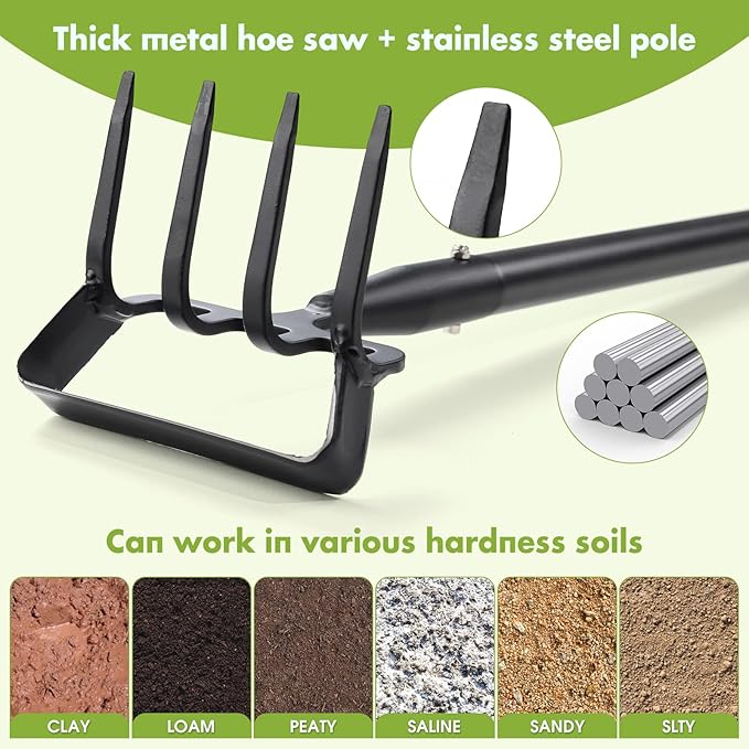 Weed Puller Gardening Tools, Hula Garden Hoe and 4 Tines Rake 2-in-1 Garden Tools for Weeding, Action Stirrup Hoe with Adjustable Long Handle for Lawn,Vegetable Garden Loose Soil,Weeding and Planting
