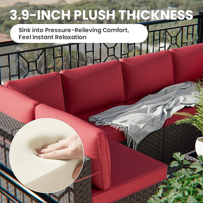 12 Pcs Outdoor Patio Furniture Set Outdoor Furniture All Weather Patio Sectional Sofa PE Wicker Modular Conversation Set with Coffee Table, Swivel Rocking Chair Red