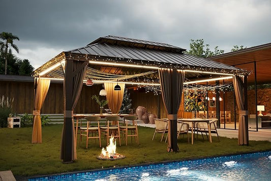 12' x 18' Outdoor Hardtop Gazebo Aluminum Frame with Double Metal Roof, Canopy Netting, Curtain, Patio Permanent Galvanized Steel Gazebo for Backyard, Garden, Party, Deck, Lawn