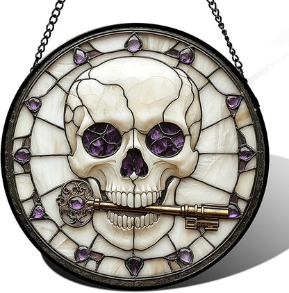 Stained Glass Window Hanging - Halloween Scary Skull Suncatcher for Doors Garden Home Spooky Purple Skeleton Key Sun Catchers Gothic Decor Horror Gifts for Women Men Friend Boy Girl 9.8 in