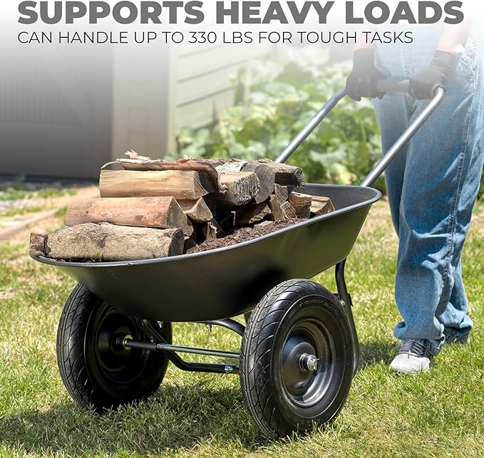 XtremepowerUS Dual-Wheel Utility Wheelbarrow Garden Cart Built-in Stand Flat-Free 16" Tires 5 cu/ft. 330 LBS Capacity Metal Tray for Lawn, Gardening