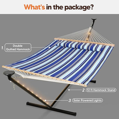 SUNCREAT Double Backyard Hammock with Solar Powered Lights for Outside, 475 lbs Capacity, Heavy Duty Self Standing Hammock with 12 ft Stand, Blue