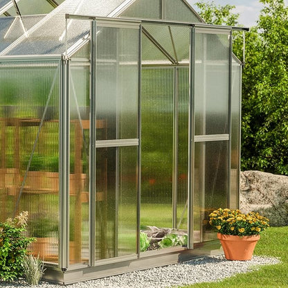 Greenhouse Saphir 5 Aluminum Frame 8.5 x 10.6 ft Approx. 6 mm Polycarbonate Panels - with Bonus Base Frame and Automatic Vent Opener