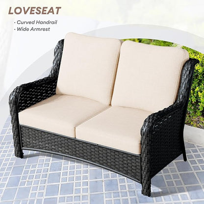 HOOOWOOO Patio Outdoor Furniture with Large Fire Pit Table,High Back 6 Piece Wicker Patio Conversation Set with Swivel Chairs,7 Person Couch Sofa Seating,Beige