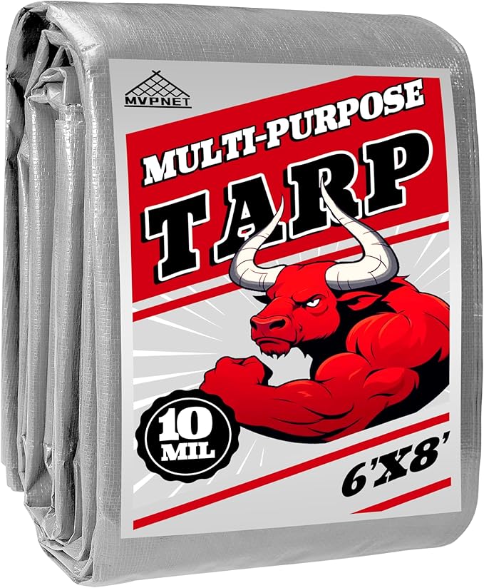 Tarp Heavy Duty 6x8ft Waterproof Tarps,10mil Uv Resistant,Multipurpose Silver/Black Tarps for Cars,Camping,Roof,Ship,Garden.by-MVPNET
