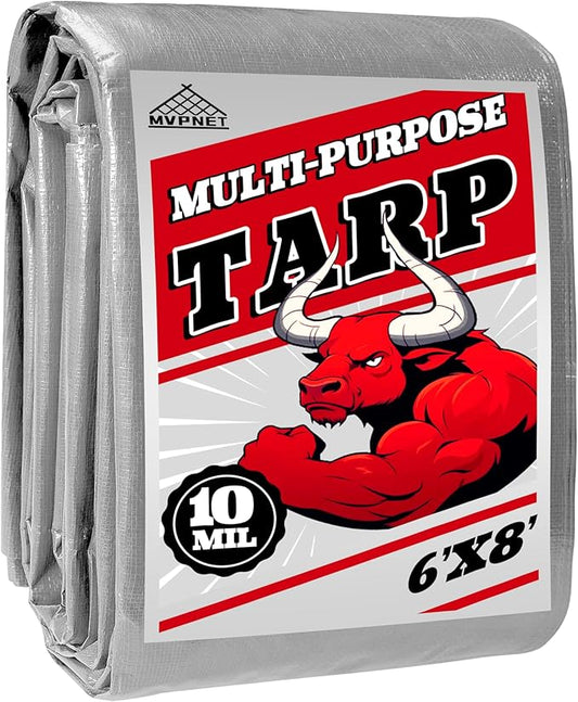 Tarp Heavy Duty 6x8ft Waterproof Tarps,10mil Uv Resistant,Multipurpose Silver/Black Tarps for Cars,Camping,Roof,Ship,Garden.by-MVPNET