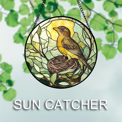 Stained Glass Window Hanging 4 Pcs Set Bird Theme On Branch 9.8" - Cardinal Suncatcher Door Garden Sun Catcher Decor Birthday Christmas for Mom Woman Nana Men