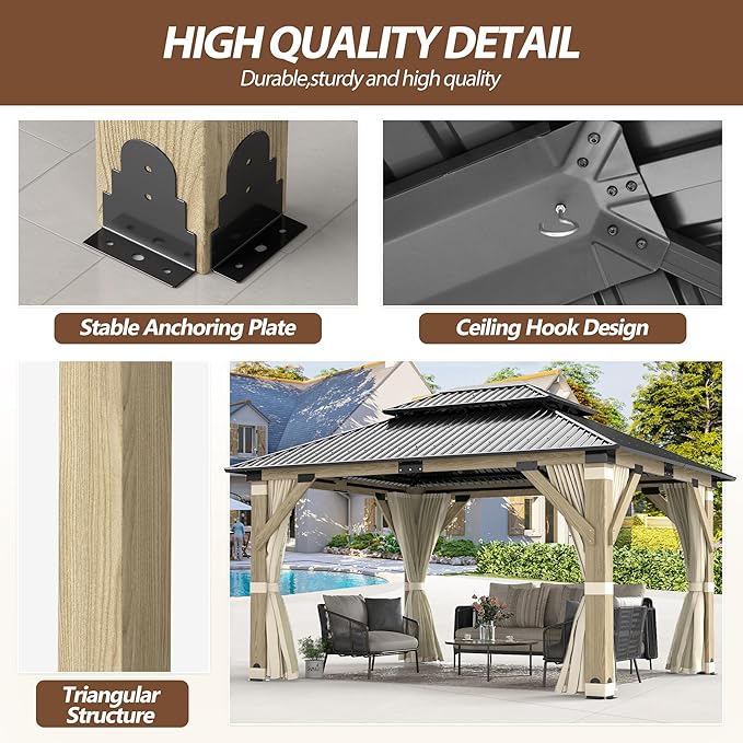 11 x 13 FT Wood Gazebo,Outdoor Wooden Hardtop Gazebo with Galvanized Steel Doule Roof,Cedar Wood Frame Gazebos with Netting&Curtains for Patio Backyard Deck