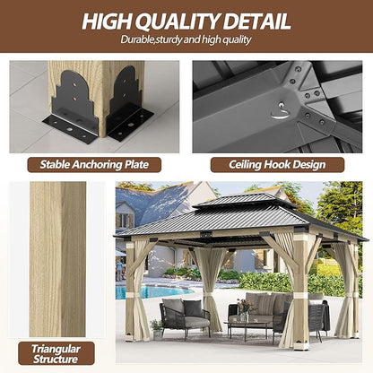 11 x 13 FT Wood Gazebo,Outdoor Wooden Hardtop Gazebo with Galvanized Steel Doule Roof,Cedar Wood Frame Gazebos with Netting&Curtains for Patio Backyard Deck