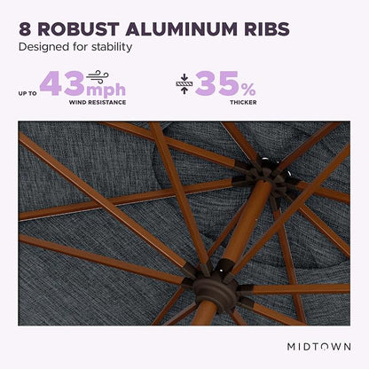 Midtown Umbrellas Sunbrella Umbrella Large Patio Umbrella 2-10 Feet in Cast Slate Fabric, Auto-Tilt Aluminum Frame Backyard Umbrella, Deck Umbrella, Garden Umbrella & Porch Umbrella - Wooden Pole