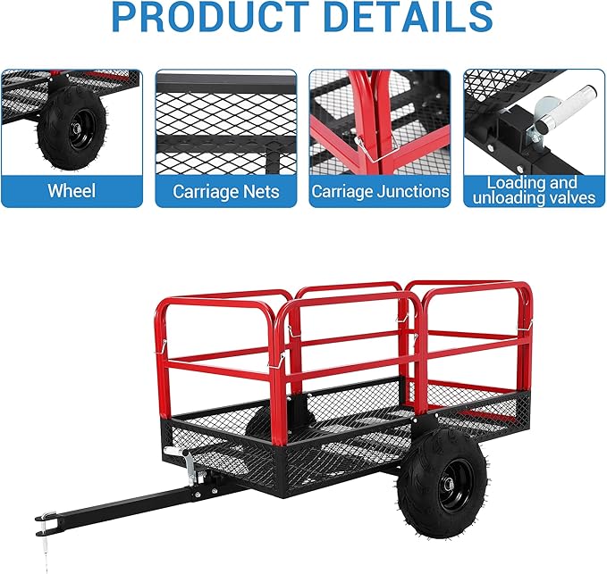 Garden Dump Cart, 1500 LBS Capacity 22 Cubic Feet Heavy Duty Steel ATV Trailer Pull Behind Yard Wagon with 2 Wheels, Outdoor Lawn Mower Cart for Tractor, ATV, UTV