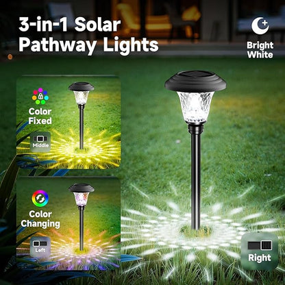 BEAU JARDIN Solar Pathway Lights 8 Pack Bright White Color Changing Fixed Color Solar Powered Light Outdoor Waterproof Glass High Lumen for Garden Landscape Path Yard Walkway Patio Driveway Outside