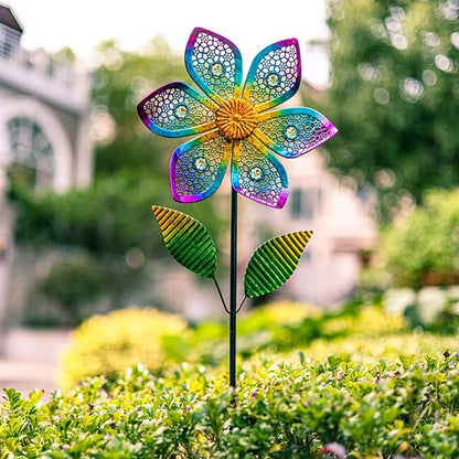 Wind Spinner with Metal Stake, Outdoor Garden Pinwheels Spinners Hollow-Out Flower Shape Design for Yard Lawn Patio Decor