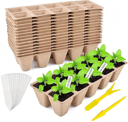 240 Cells Peat Pots Seed Starter Tray 24 Packs Biodegradable Seedling Pots Germination Trays Peat Pot for Seedling Organic Seed Starting Trays kit with 24 Labels 2 Transplant Tools