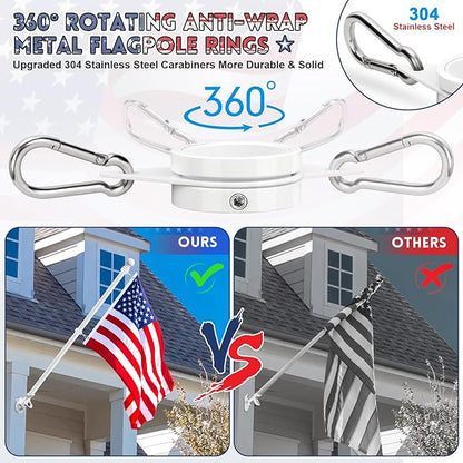 REERON Flag Pole Kit for House, 6 FT Stainless Steel Spinning Flag Pole, 1" Rustproof Porch Flagpole with 360° Tangle Free Metal Flagpole Rings & 2-Position Bracket for Outdoor Sport for 3x5 Flags