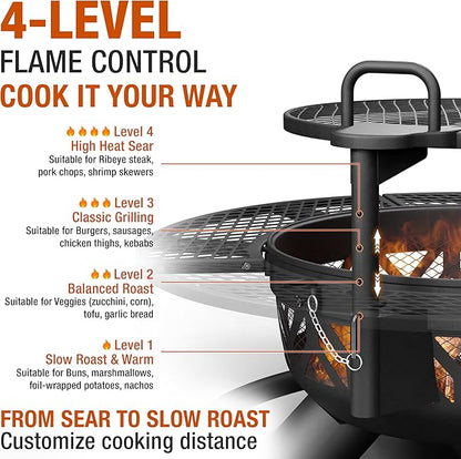 47 Inch Heavy Duty Steel Fire Pit with Grill, Large Outdoor Fire Pits for Outside Wood Burning, BBQ
