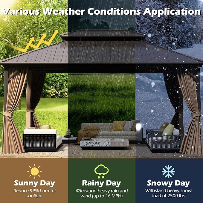 Tangkula 12x16 FT Hardtop Gazebo, Aluminum Permanent Pavilion Shelter with Curtains & Netting, Heavy-Duty Double Galvanized Metal Roof, Large Outdoor Gazebo for Patio Garden Deck Lawn Backyard