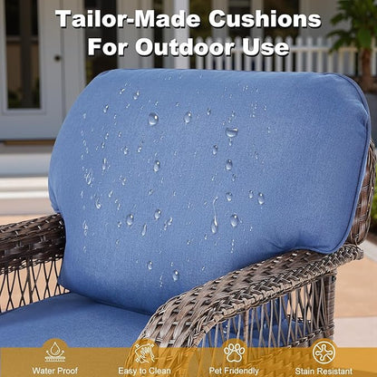 6 Pieces Patio Furniture Set Outdoor Sectional Sofa Couch with Rocking Swivel Chairs 5" Deep Seat Chairs, 2 Sofa Sets Modern Wicker Rattan Conversation Set, Blue/Brown Wicker