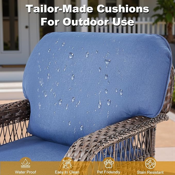 Patio Furniture Sets, 6 Pieces Wicker Outdoor Furniture with Patio Sidetables - 360 Degree Swivel Rocking Chairs and Rattan Side Table for Garden, Porch, Backyard, Blue/Brown Wicker