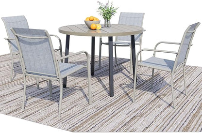 5 Pieces Round Dining Table Set for 4, Patio Dining Set Includes 4 Beige Blue Stackable Patio Chairs and 1 Honey Oak Round Table, Patio Furniture Sets with Sling Support for Outside, Garden