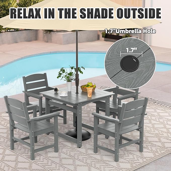 3-Piece HIPS Patio Dining Set, Outdoor Dining Table and Chairs Set with Umbrella Hole, Weatherproof Dining Table Set for 2 Person, Patio Furniture Set for Outside Deck, Grey