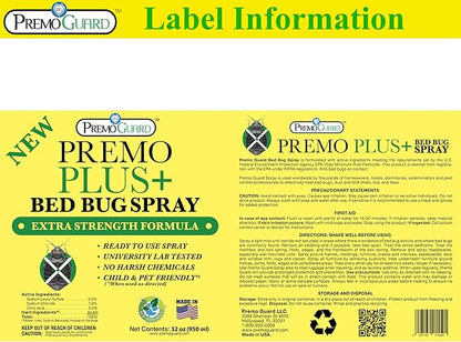 Premo Plus+ Bed Bug Spray Extra Strength – 32 oz – Fast Acting Bed Bug Treatment & Killer – Stain & Scent Free – Child & Pet Safe – Powerful New Stronger Formula – Natural with No Harmful Chemicals