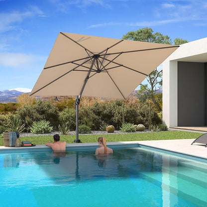 PURPLE LEAF 8' X 8' Patio Umbrella with In-ground Base for Pool 7' High Offset Outdoor Cantilever Umbrella Swimming Pool Umbrella with 360°Rotation for Poolside Beige