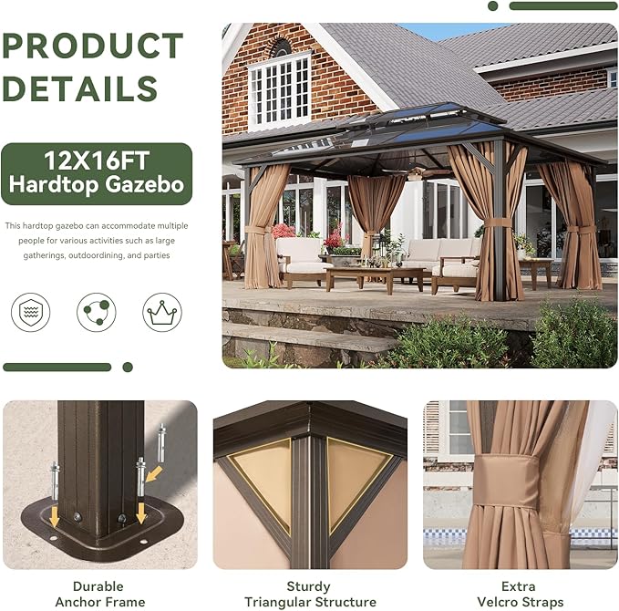 Aoxun 12'x16' Hardtop Gazebo, Aluminum Frame Permanent Pavilion with Netting and Curtains, Outdoor Polycarbonate Double Roof Canopy, Designed for Lawn, Garden, Patio (Khaki)