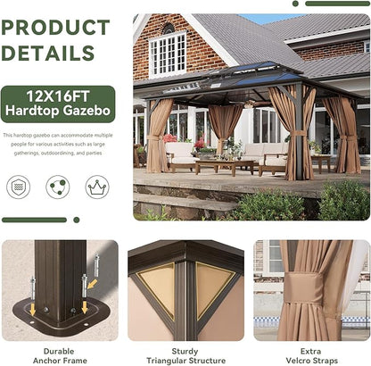 Aoxun 12'x16' Hardtop Gazebo, Aluminum Frame Permanent Pavilion with Netting and Curtains, Outdoor Polycarbonate Double Roof Canopy, Designed for Lawn, Garden, Patio (Khaki)