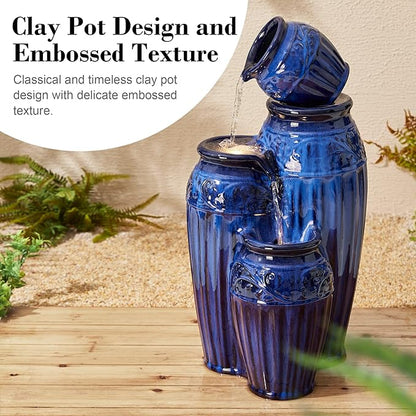 Glitzhome 27.25" H Outdoor Garden Water Fountain with LED Lights and Pump, 4 Tier Cobalt Blue Embossed Pattern Ceramic Pots Cascading Floor Standing Fountain for Porch Deck Patio Backyard Decoration