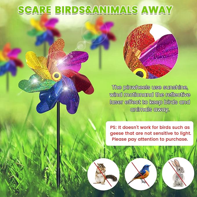 10 PCS Reflective Pinwheels for Yard and Garden Bird Devices Pre-Installed Sparkly Wind Spinner Deterrent to Scare Birds Away from Yard Patio Farm (Multicolor-2)