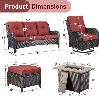 Wicker Outdoor Conversation Se with 50,000 BTU Gas Propane Fire Pit Tablet-6 Pieces Outdoor Wicker High Back Couch Patio Furniture for Deck Poolside Backyard