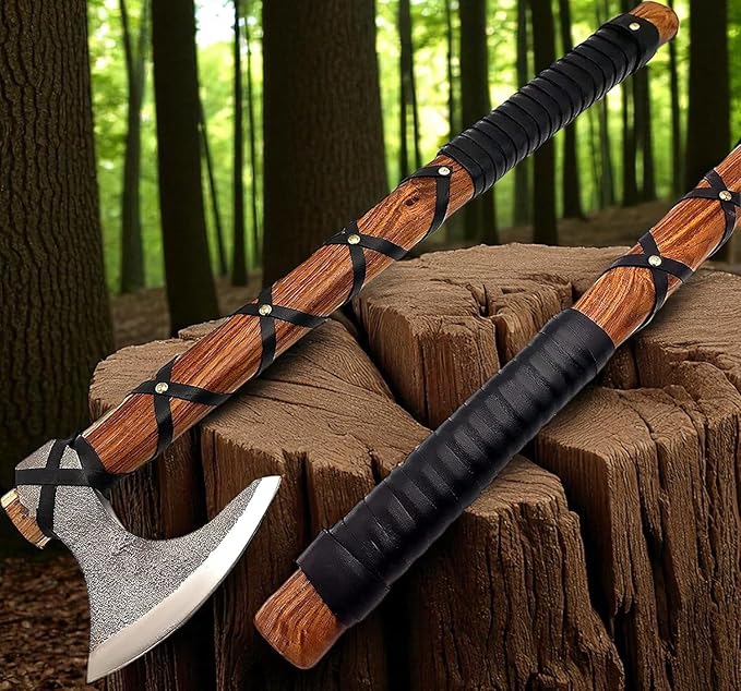 AX-7000 Custom Gift Forged Carbon Steel Viking Axe with Rose Wood Shaft, Viking Bearded Camping Axe (AX-7000) (AX-5936)