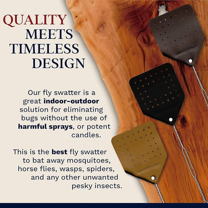 Leather Fly Swatter Set (2 Pack) – 17” Amish-Made Fly Swat w/Real Leather Paddle – Fly Swatters Multi Pack w/Metal Handle – Bug Swatter, Mosquito Swatter, Wasp Swatter (Brown)