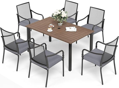 Patio Table and Chairs Set of 6, All-Weather Breathable Metal Mesh Patio Chair with Gourd-Shaped Armrests, 60x38 Wood-Like Table with Umbrella Hole, 7 Pcs Metal Frame Patio Dining Set