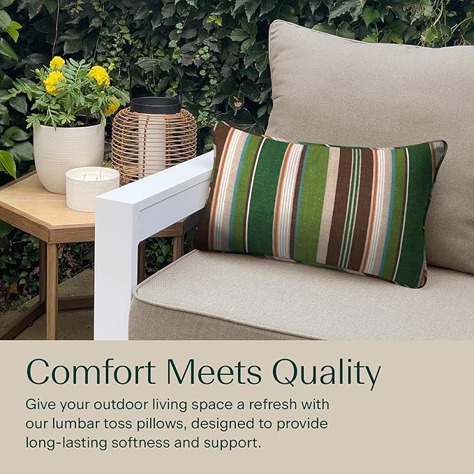 Honeycomb Outdoor Lumbar Pillow 2-Pack, 22 x 12, Stripe Pine Green Throw Pillows for Patio Furniture