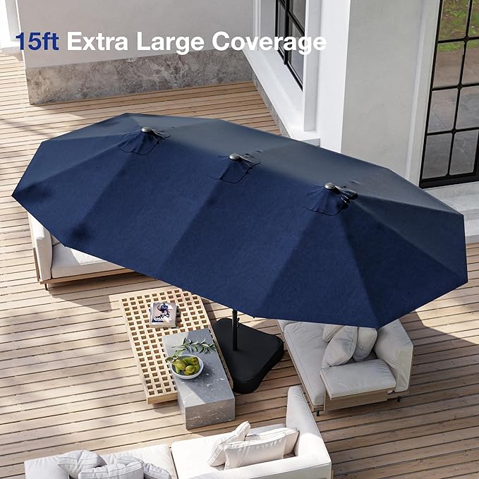 Joyside 15FT Large Patio Umbrella with Base Included, Outdoor Double Sided Umbrella, Rectangle Umbrella with Crank Handle, 12 Sturdy Ribs for Deck, Porch and Pool
