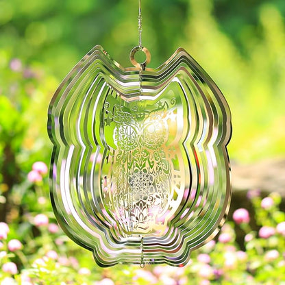 Wind Spinners Outdoor, 3D OWL Hanging Wind Spinners, 12 inches, Kinetic, Stainless-Steel Metal, Smooth Spinning, Indoor and Outdoor Decoration for Garden, Patio, Yard, Gift for Women Mom Wife
